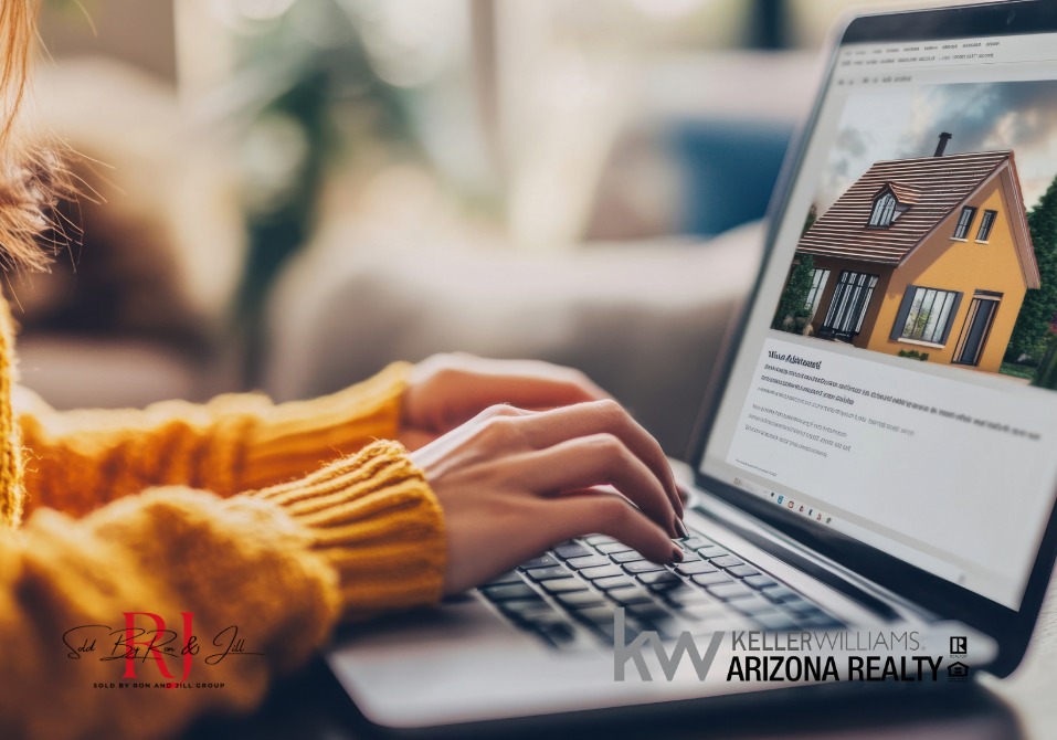 - Sold By Ron And Jill Group - Sold By Ron And Jill Group Person typing on a laptop showing a real estate listing with a photo of a house on the screen; Keller Williams Arizona Realty watermark present on page edge.